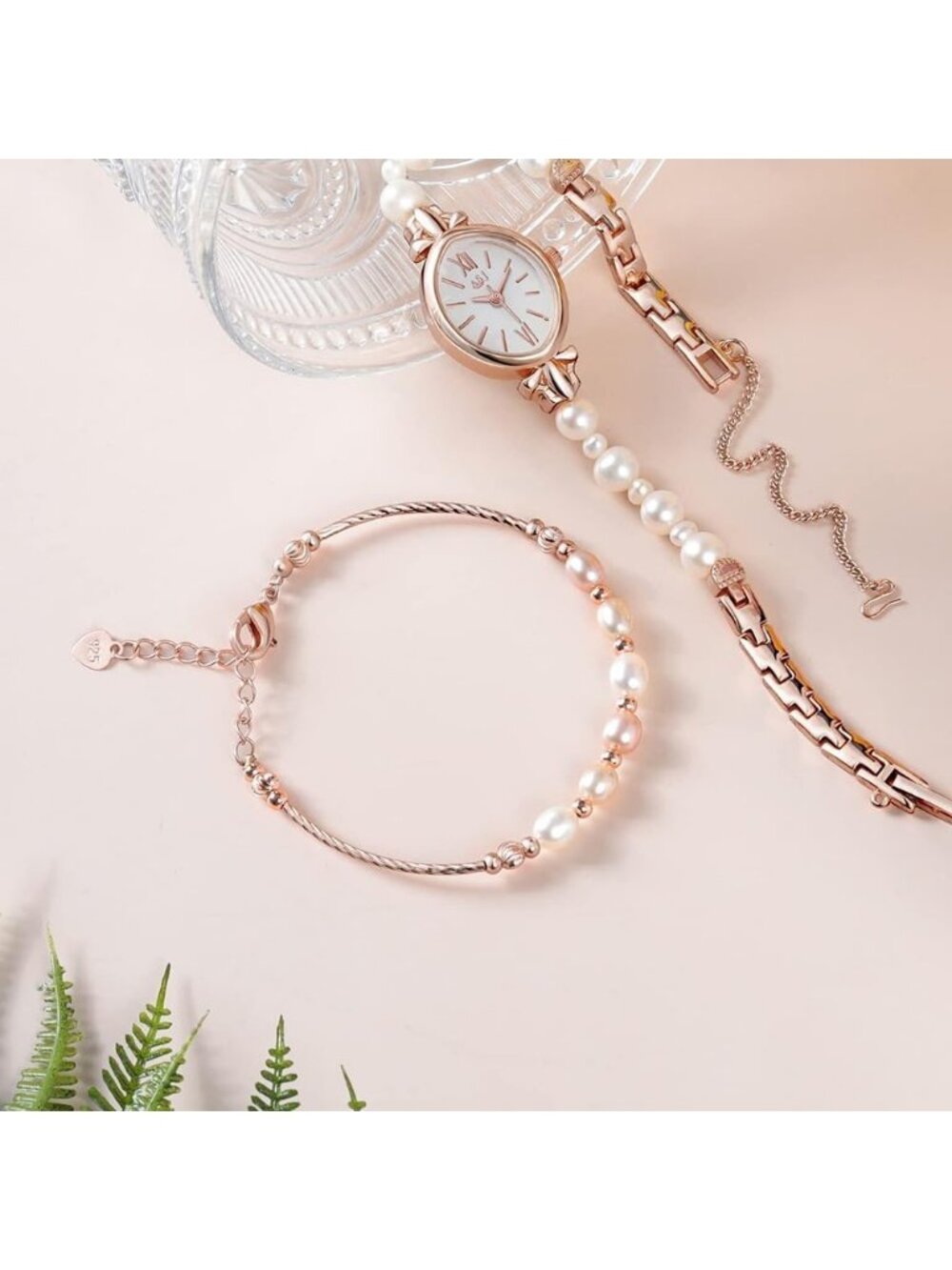 Women's Rose Gold Petite Pearl Bracelet Set Dainty Analog Quartz Wrist Watch - Picture 2 of 6